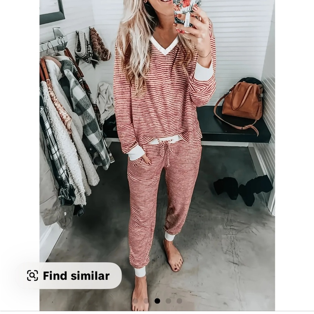 Red and White Striped V-Neck 
Christmas PJs-New - Picture 3 of 9